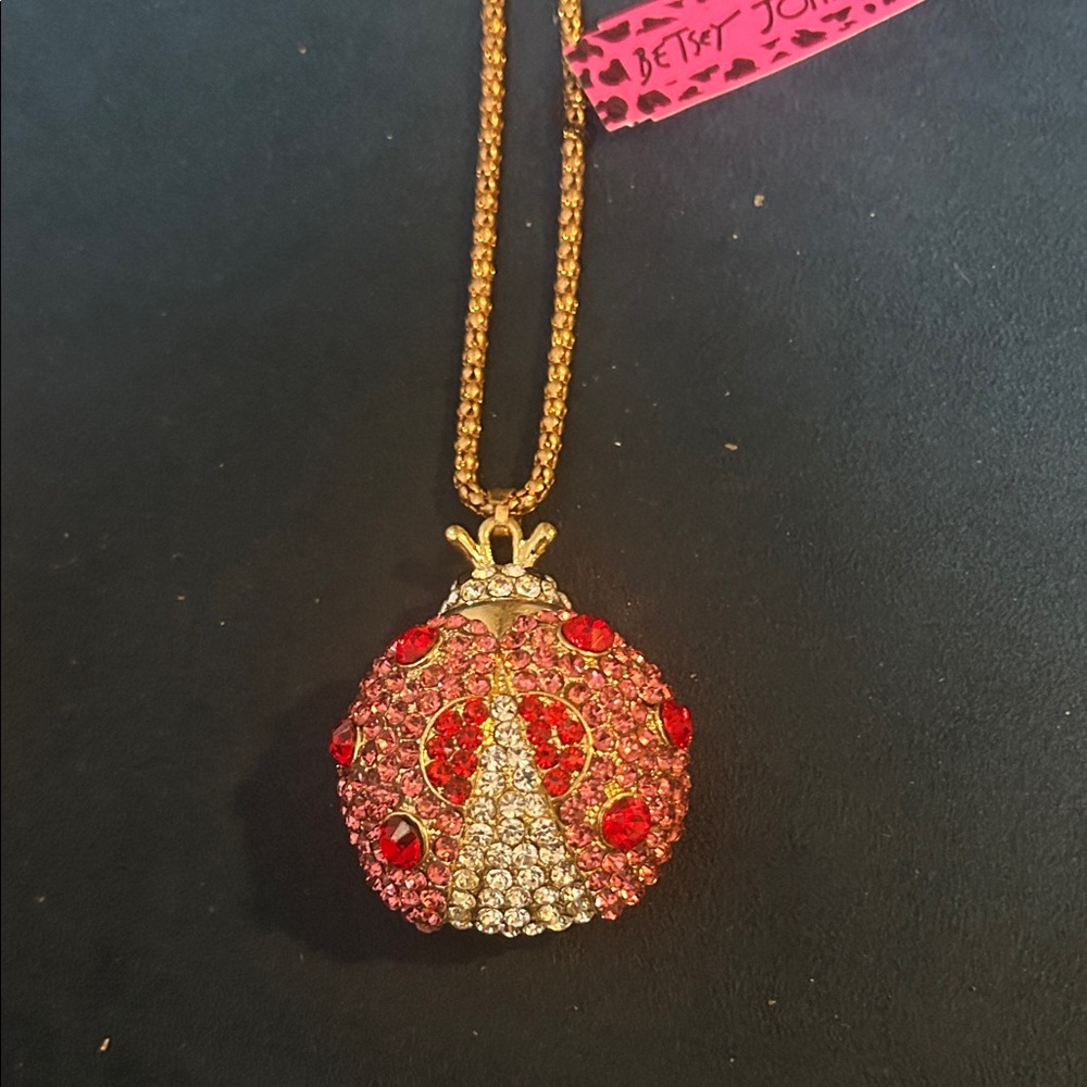 Betsey Johnson Red and Gold Crystal Ladybug Necklace